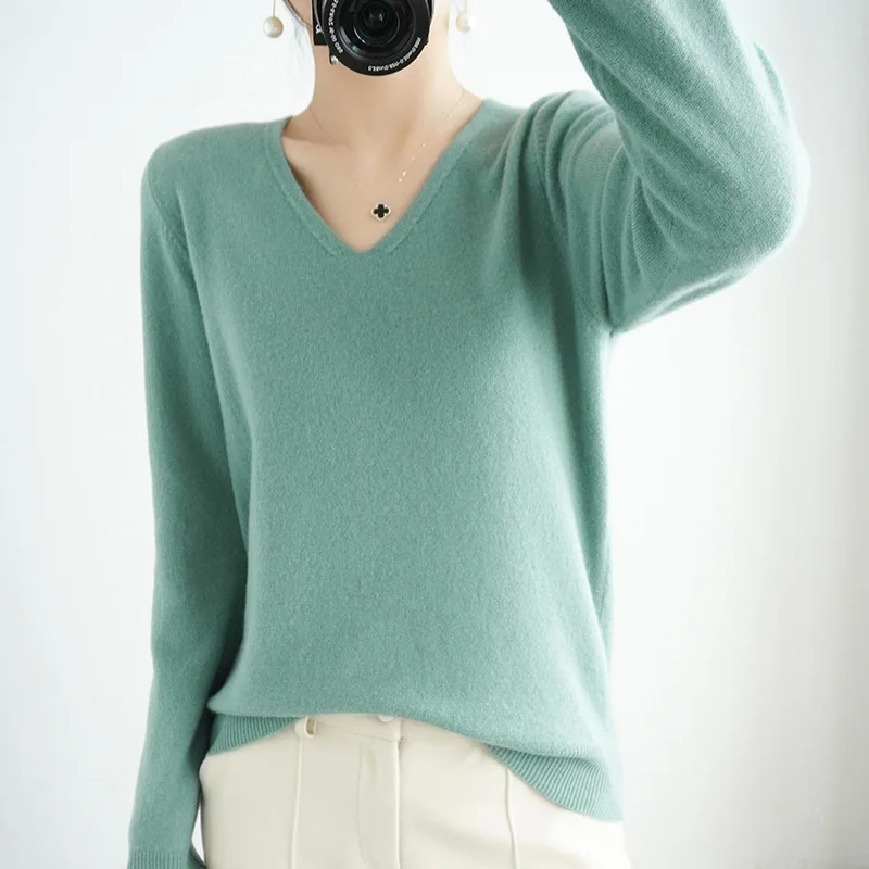 2025 Women Sweater Spring Autumn V-neck Knitwear Long new Sleeve Slim Warm Sweater Pullovers Lady Basic Jumpers Knitted Bottoming Shirt