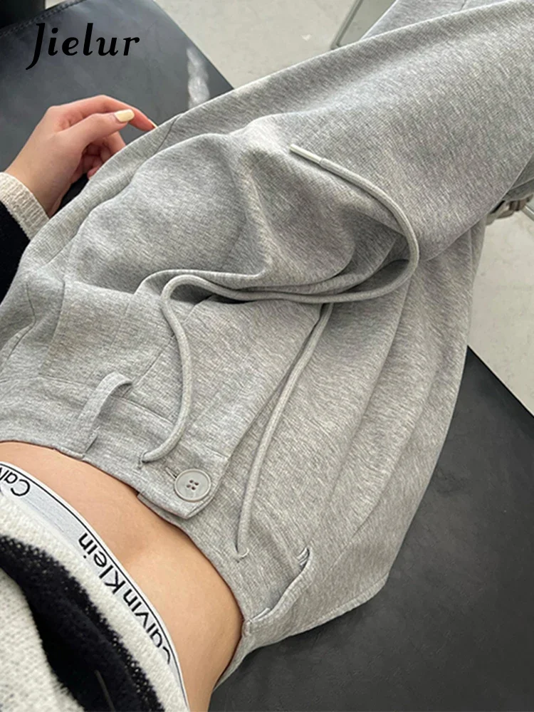 Jielur New High Waist American Solid Color new Women's Pants Drawstring Loose 2025 Straight Pants Woman Grey Casual Pants Summer Female