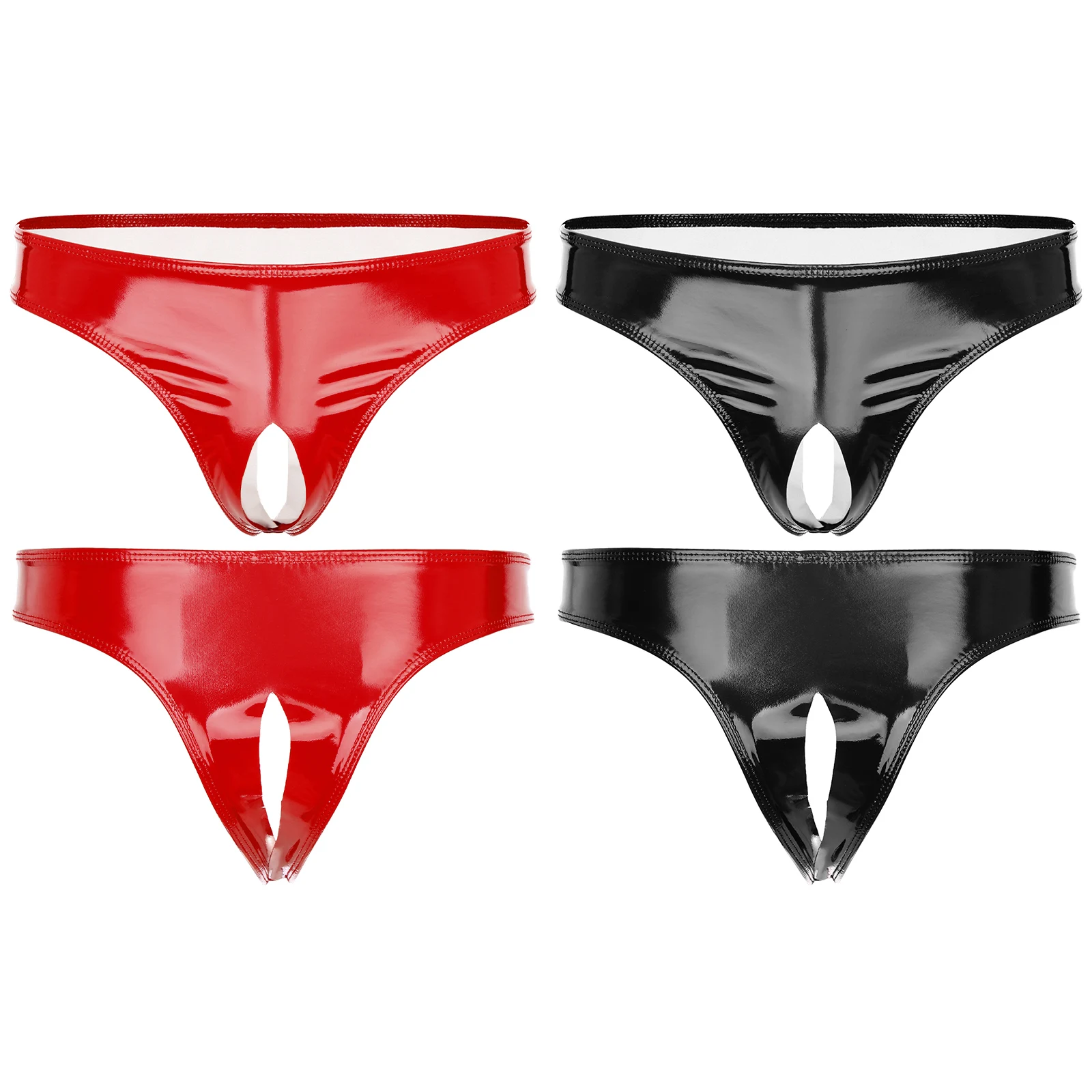 Mens Wet Look Briefs Patent Leather Open Crotch Thong Low Rise High Cut Mini Briefs Underwear Clubwear Stage Performance Costume