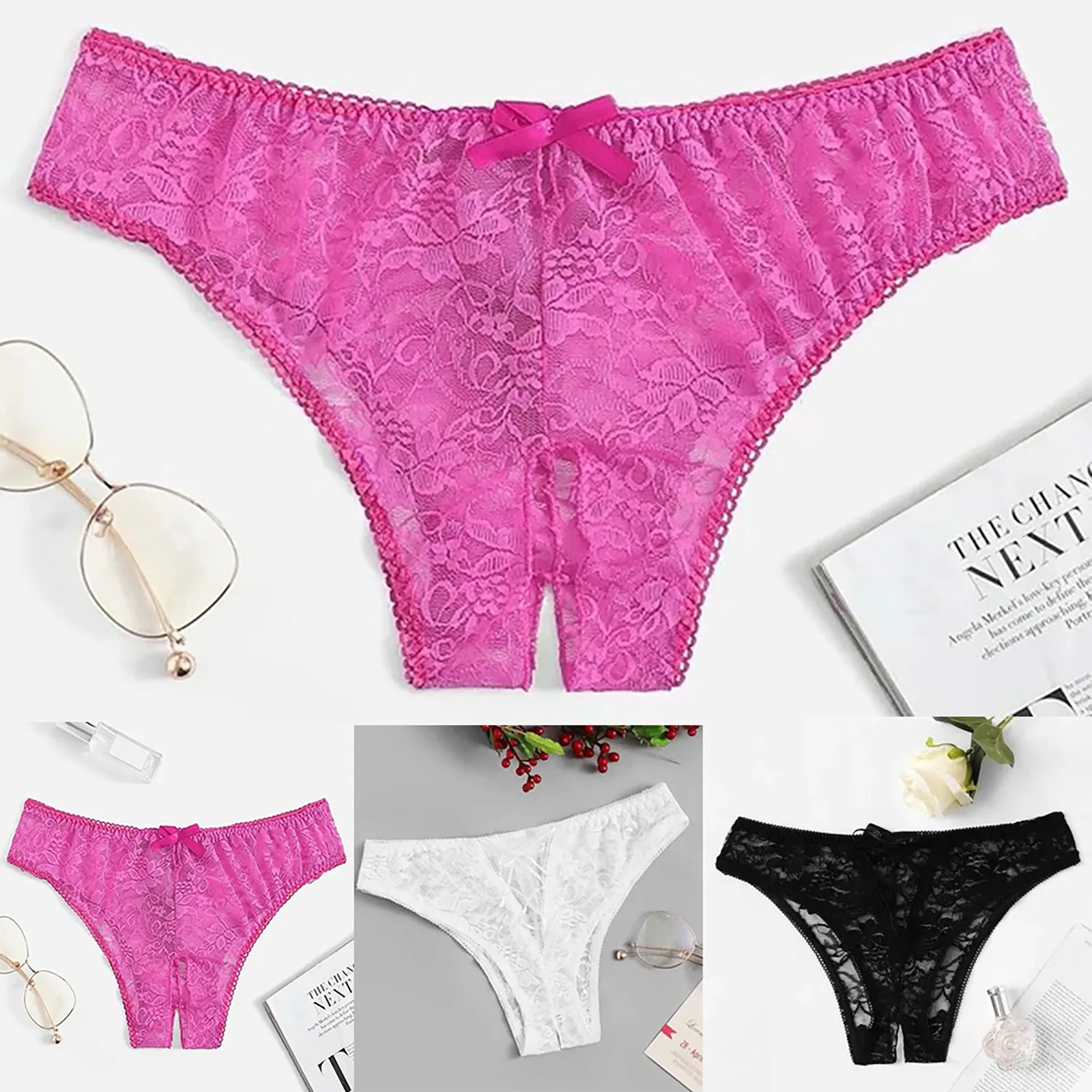 Women's Panties Female Sexy Lingerie G-String T-back Cute Bow Erotic Underwear Transparent Lace Embroidered Open Crotch Thongs