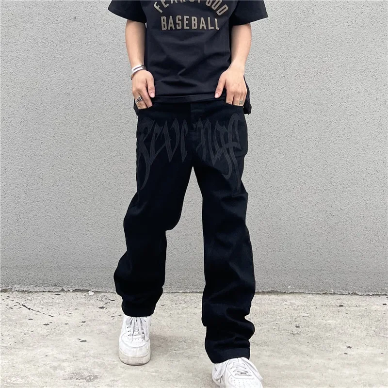 New Y2K Black Baggy Jeans Men's New Streetwear American Vintage Printed new 2025 Letter Pants Straight Hip-hop Loose Denim Trousers