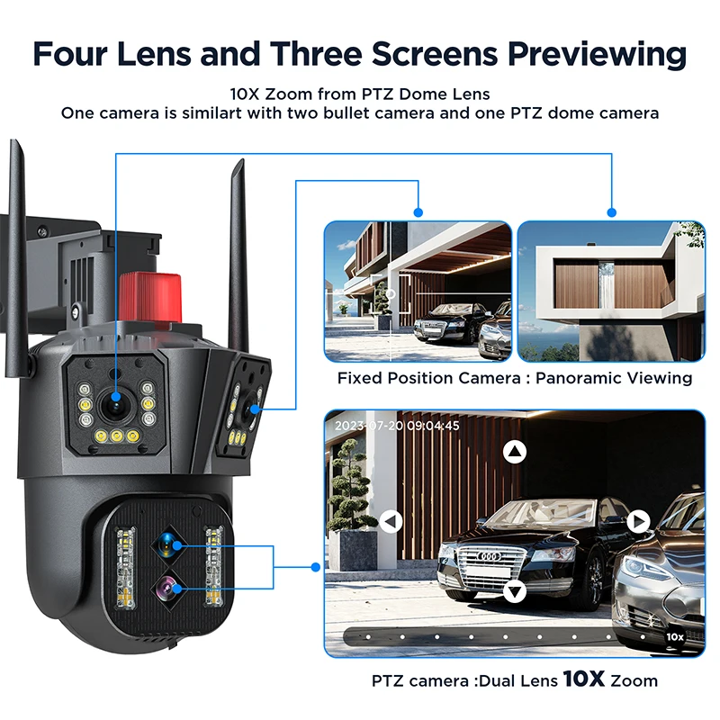 8K 16MP Wifi IP Camera Outdoor Four Lens Three Screen 10x Hybrid Zoom 4K CCTV Video Security Surveillance PTZ Camera