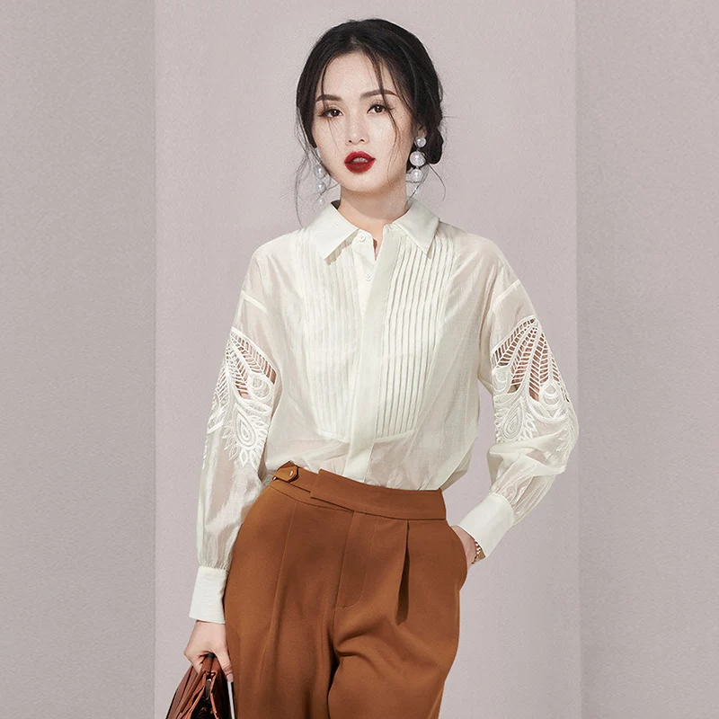 2023 Spring Commuting Long-sleeved new shirt Turndown collar Vintage 2025 Women embroidery Lace Tops Hollow out White Blouse