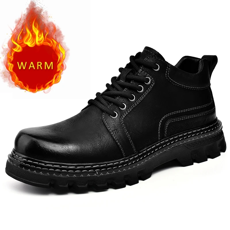 Luxury Men's Leather Short Boots Thick Soled Casual Shoes Men's Work Boots Outdoor Trend Hiking Shoes Lace Up High Top Shoes