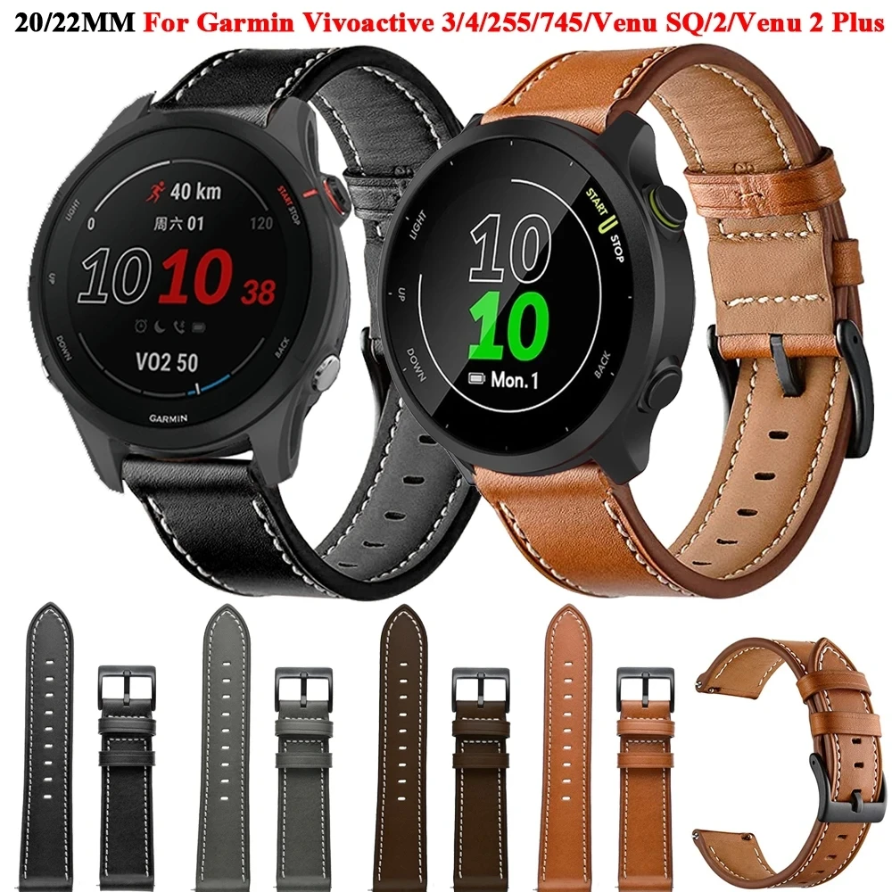 22mm 20mm Leather Smart Watch Band For Garmin Vivoactive 4 3/Venu SQ 2/Forerunner 55/255 245 645 VENU 2 Plus/Venu 2 Plus Straps