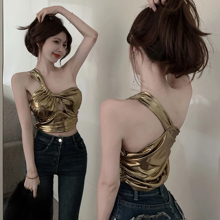 Summer Gold Satin Camisole Crop 2025 Top Women Single Strap Stretchy Tank Tops new Girls Irregular Tube