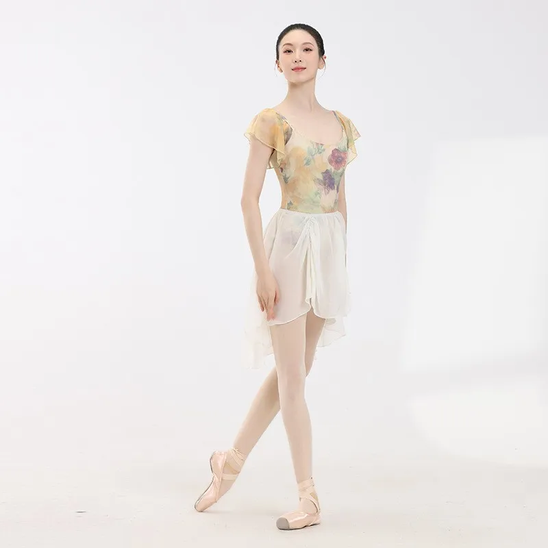 Ballet Leotard Oil Painting For Women Lotus Leaf Sleeve Ballerina Bodysuit Adult Dancewear Ballet Dance Coverall Gymnastics