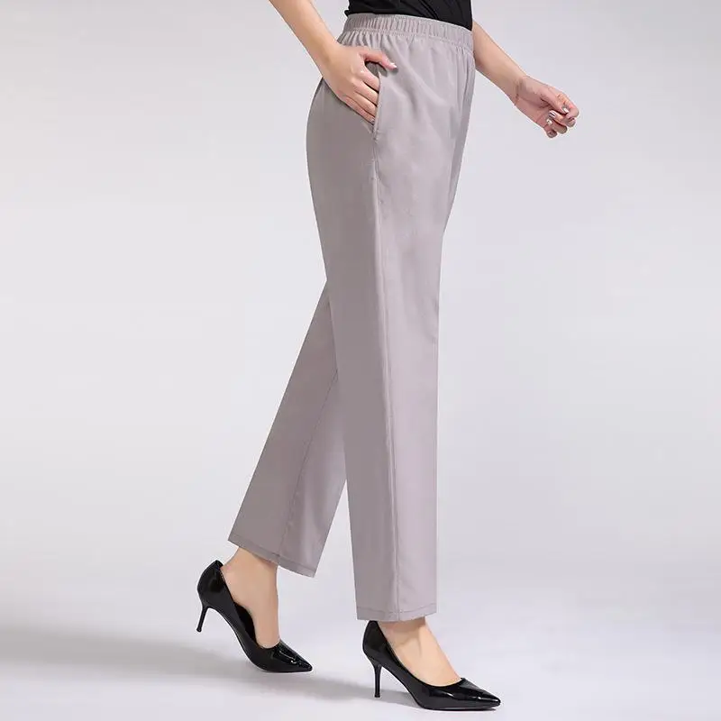 2025 Women Summer Silk Comfortable new High Waist Elastic Long Ladies Pants