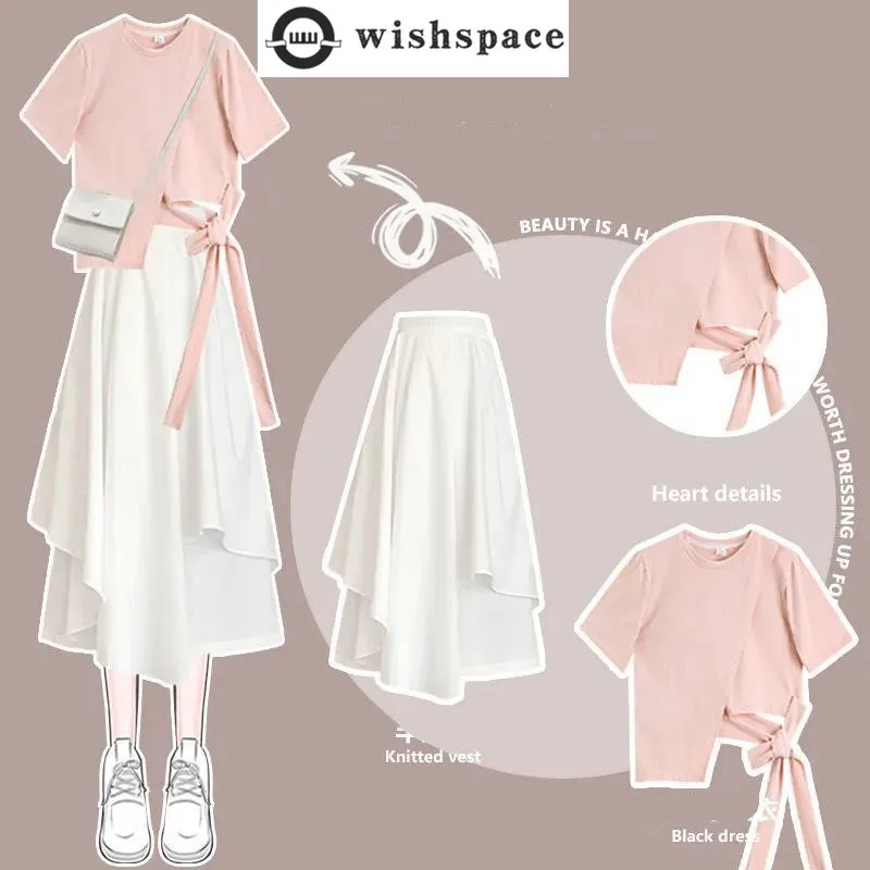 2023 Korean Style Bow Tassel Short Sleeve T-shirt Tops Ruffle 2025 Ruffle Skirt Two-piece Elegant new Women's Skirt Suit Casual Outfits
