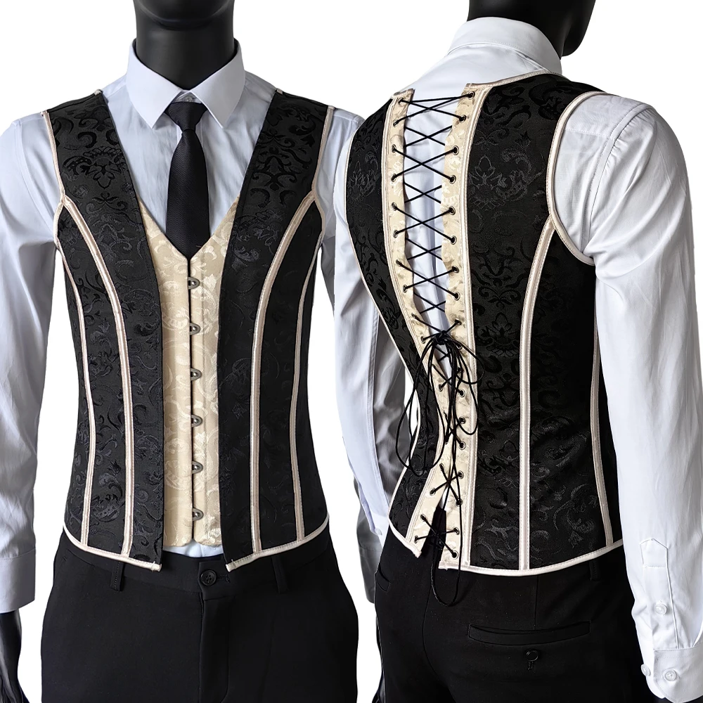 Men's Abdomen Corset Vest Vintage Floral Print Elegant Waistcoat Bones Slimming Stomach Control Tight Corset Costume Hand Made