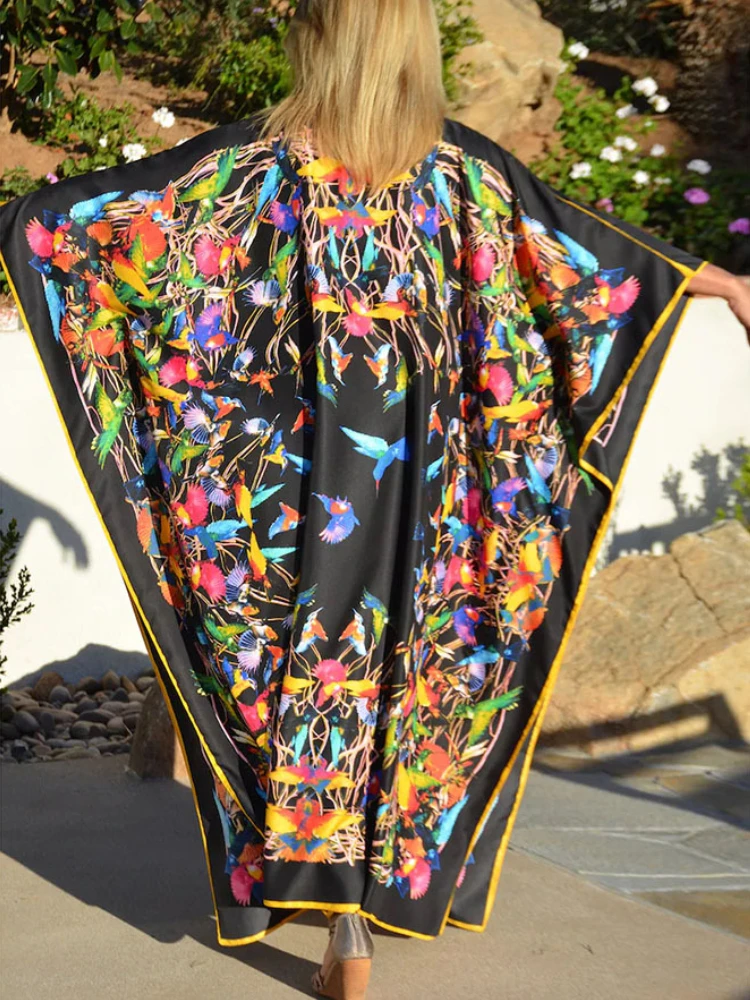 Beach Dresses Bird Bohemian Kaftans for Women 2023 New Loose Bikini Cover 2025 Ups Maxi new Robe Elegant Bathing Suits