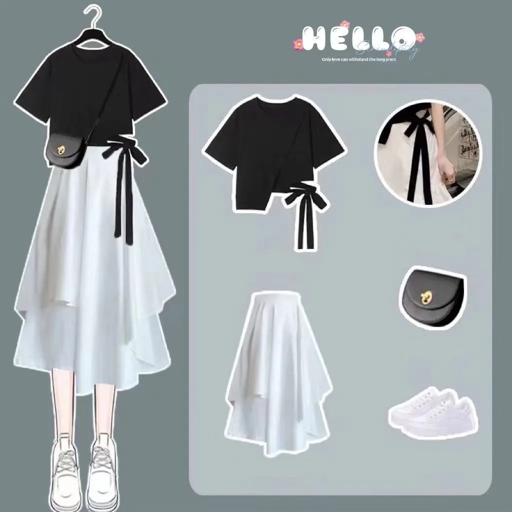 2023 Korean Style Bow Tassel Short Sleeve T-shirt Tops Ruffle 2025 Ruffle Skirt Two-piece Elegant new Women's Skirt Suit Casual Outfits