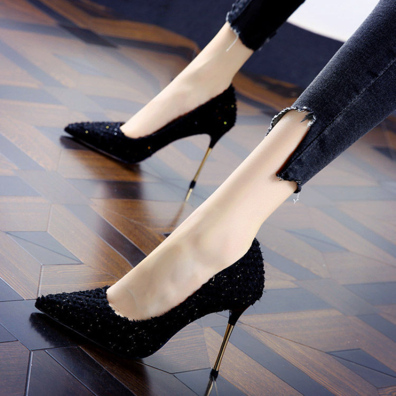 High New Heels Elegant Ladies Stilettos Womens Pumps Pointed Black Etiquette Professional New Wedding Shoes 776a