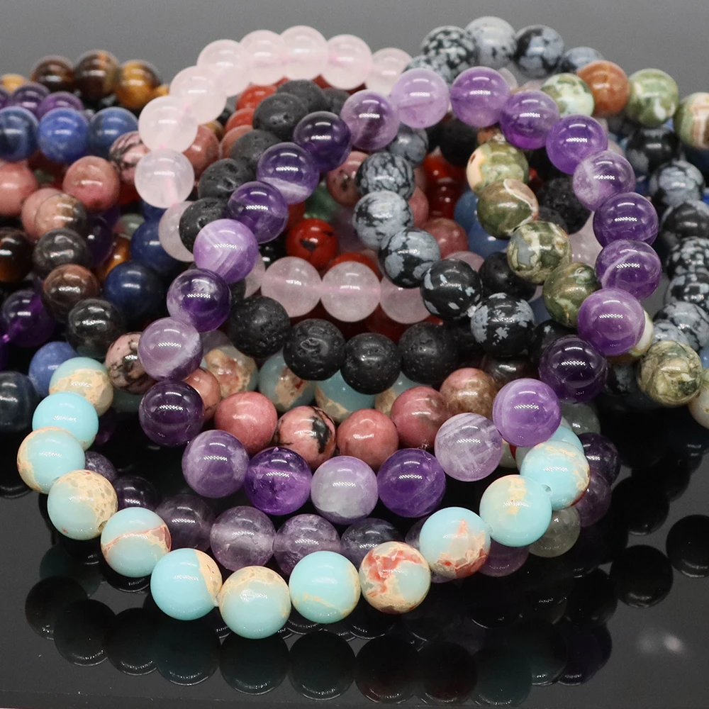 Natural Stone Round Beads Bracelet Amethyst Rose Quartz Chakra Healing Crystal Elastic Stretch Bangle For Women Men Jewelry Gift