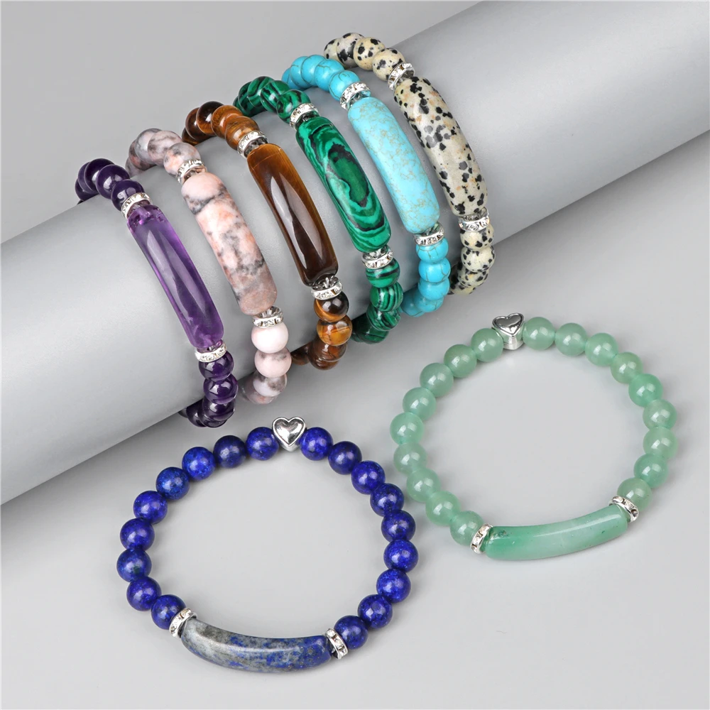 New Natural Stone 2025 Strand Beads Bracelet Amethyst Tiger Eye Malachite new Bangles Rectangle Bar Charm Reiki Bracelets for Men Women