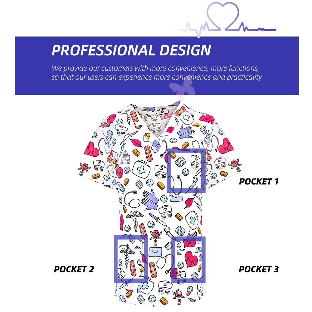 Pink Printed Scrub Tops Short Sleeve Pockets Hospital Blouse Doctor Nursing V-neck Medical Surgical T-shirt womens work Uniforms