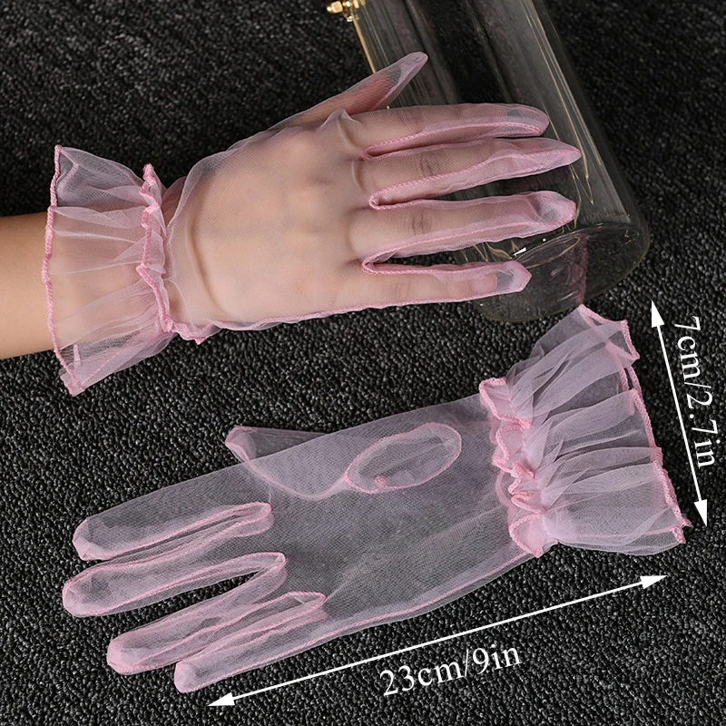 1 new Pairs Transparent Gauze Full Finger Gloves 2025 Ultra Thin Stretchy Short Tulle Gloves Wedding Elastic Lotus Leaf Sheer Mittens