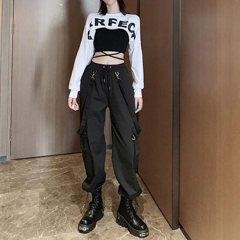Emo Crop Top Black Cargo Pants Egirl Suit Alt Clothes 2025 Sexy Gothic Overalls T-shirt Techwear Joggers Punk Y2k Sweatpants new Hip Hop