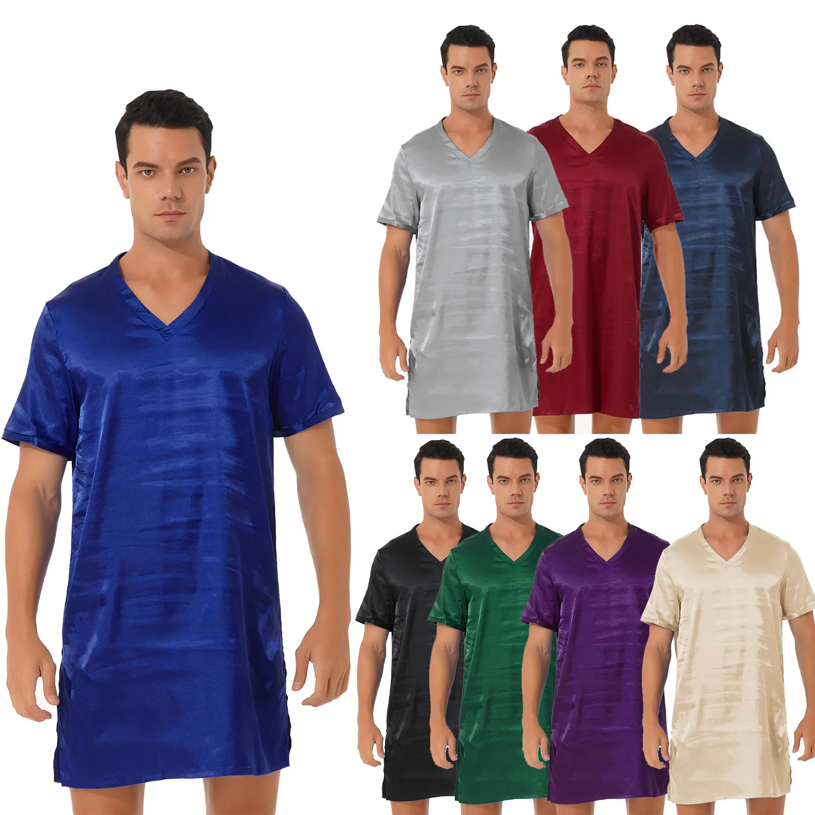 Sleepwear new Men's Silk 2025 Satin Nightshirt Nightclothes Soft Loose Short Sleeve Pamas Nightgown Summer Night Shirts for Sleeping