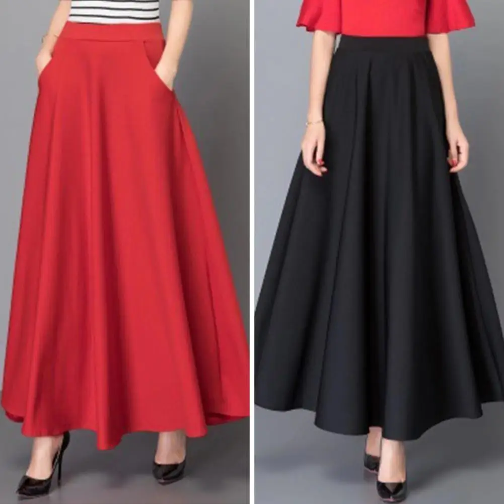 Elegant Women Maxi Skirt High Waist Tummy Control A line Lady Loose Hem Pockets Dating Party Banquet