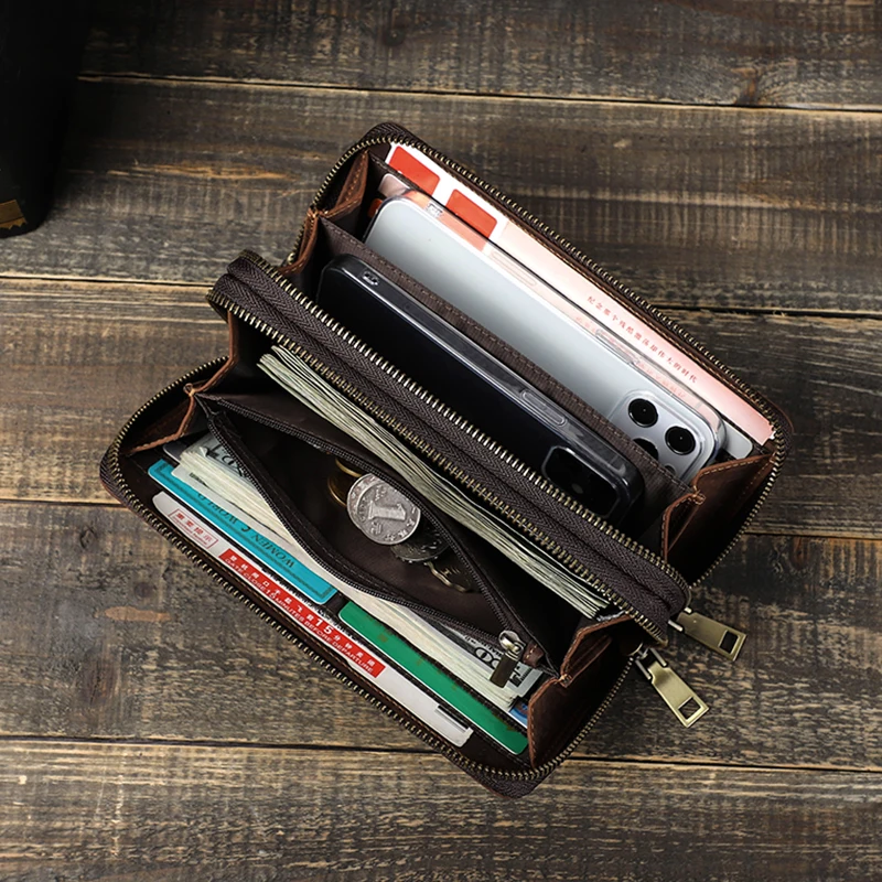 Orange Leaf Genuine Leather Men's Wallet Clutch Bag Card Holder Long Wallets Double Zipper Large Capacity Vintage Male Purses