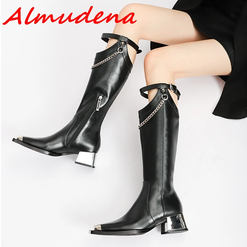 2024 Autumn Winter Chain Black Knee High Boots Metal Toe Sexy Side Zipper Bling Chunky Heels All-Match Casual Party Women Boots