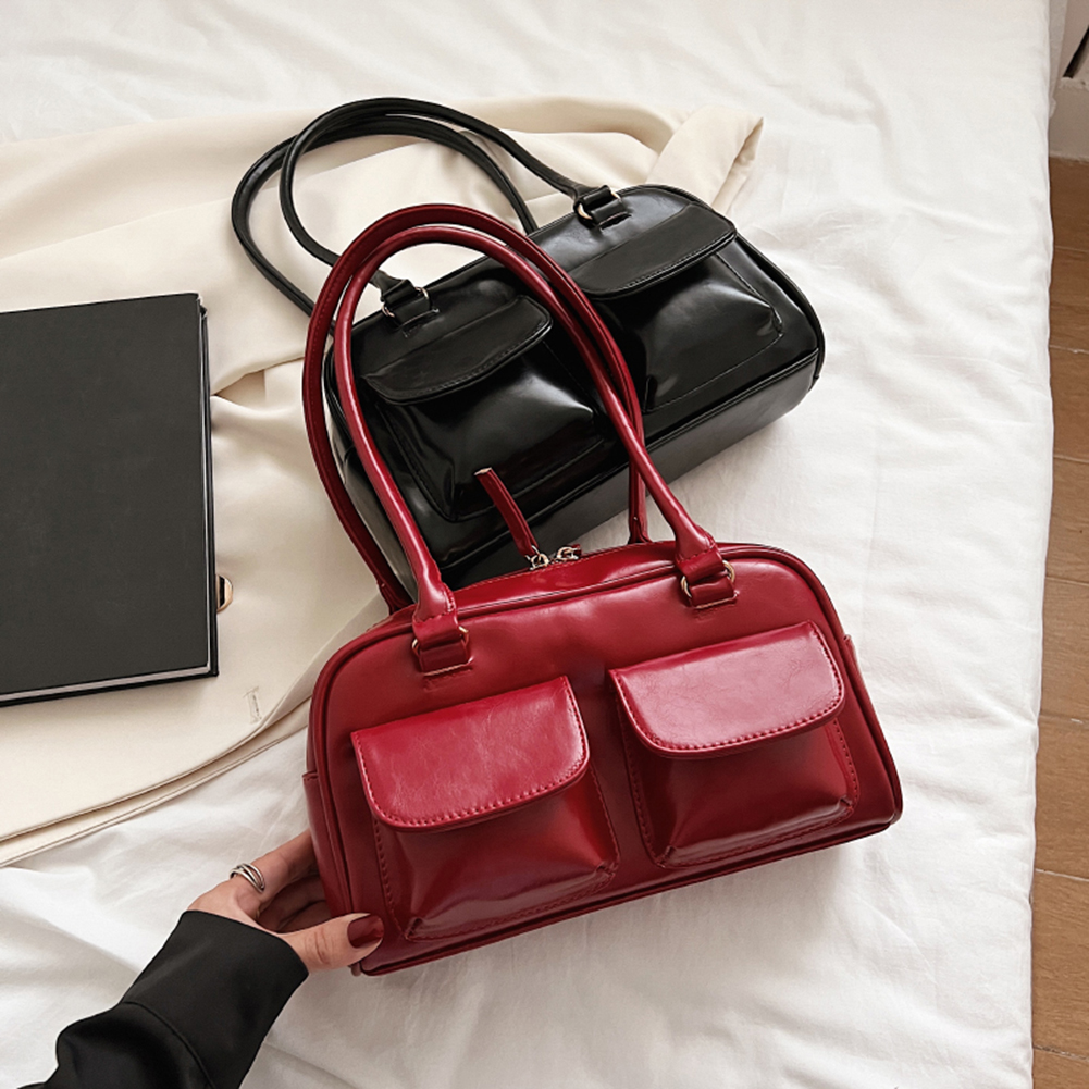 Retro Women's Satchel Hobo Bag Solid Double Pocket Design Ladies Shoulder Bag Fashion Female PU Leather Purse Handbag Tote Purse