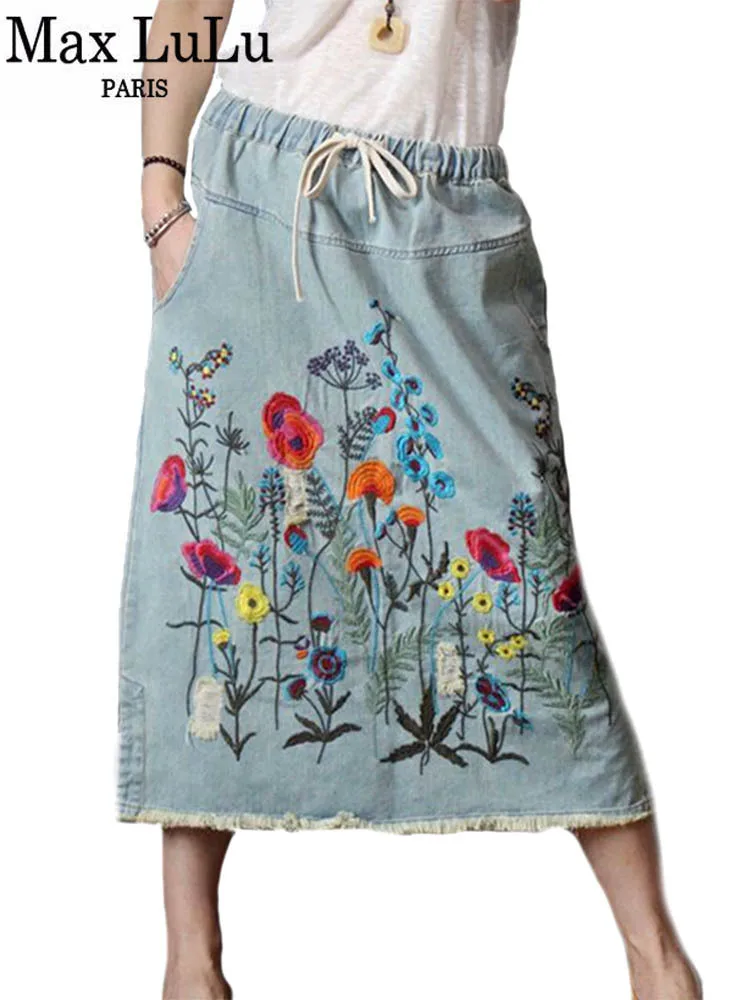Max LuLu Korean Design Female Clothes Autumn Womens Luxury Vintage Loose Embroidery Denim Skirts Ladies Casual Floral Streetwear
