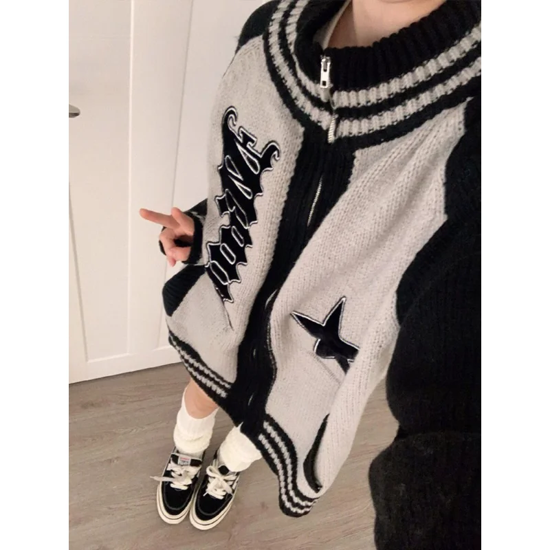 Deeptown Streetwear Y2k Zip Sweater Cardigan Women Retro 2025 Grey Striped Patchwork new Oversize Letter Jumper Korean Style Knitted Top