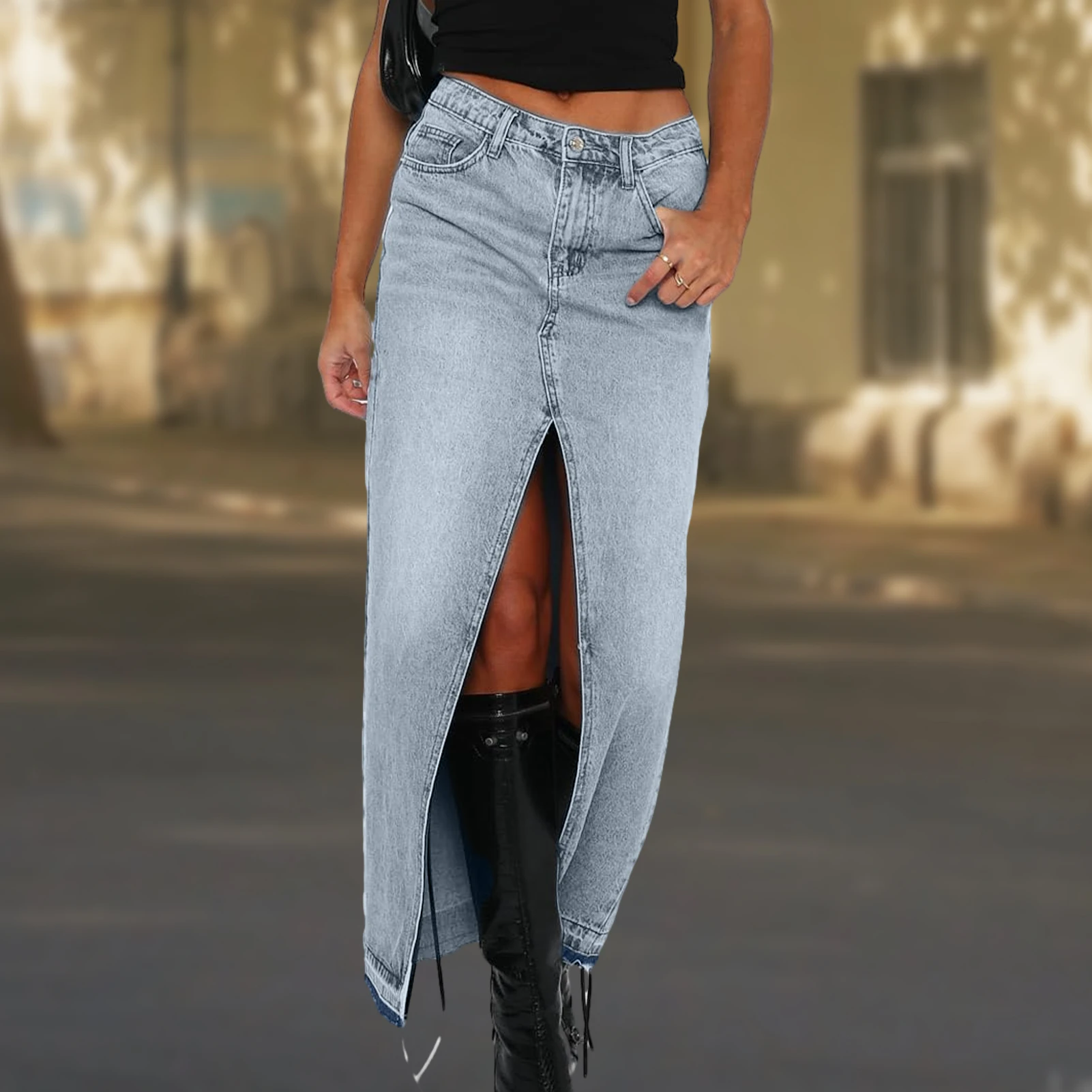 Front Slit Long Denim Skirts for Women Casual High Waist Jean Faldas with Pocket Y2K Solid Slim Fit Saias Commuting Daily Outfit