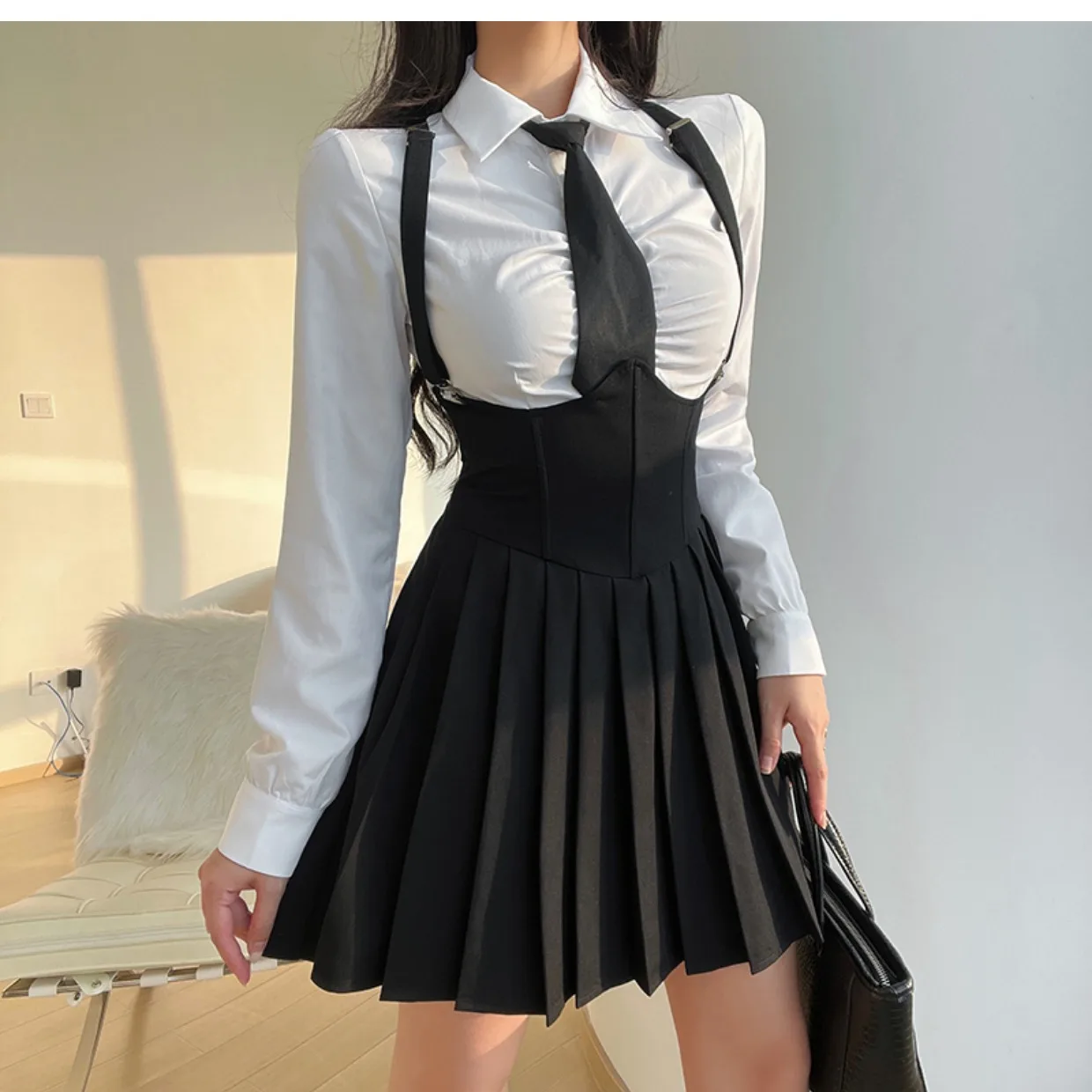 Women Size 4XL Sexy JK Uniform Suit Slim American Sugar Spicy Girls College 2025 Style Uniform Set Shirt White new + Strap Pleated Skirt