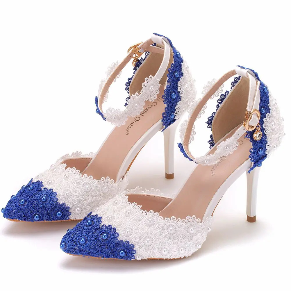 Crystal Queen Women Sandals High Heels White Blue Lace New Wedding Shoes Pointed Toe wer Pearls Pumps 240322
