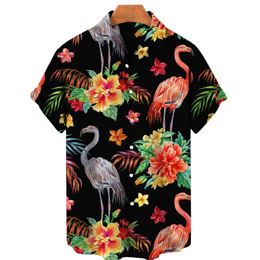 3D flamingo print men's shirt Hawaii loose breathable new 2025 casual short-sleeve beach holiday