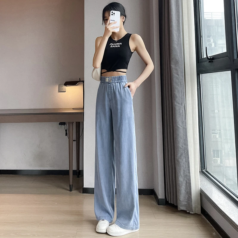Wide Leg Ice Silk Jeans Women Summer Soft High Waist Pants Femme Thin Loose Casual Trousers Cool Denim Pants Mujer Light Blue