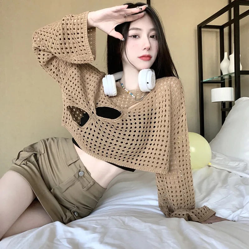 Mesh Loose See-through Tops Knitted round Neck Women's Blouses
