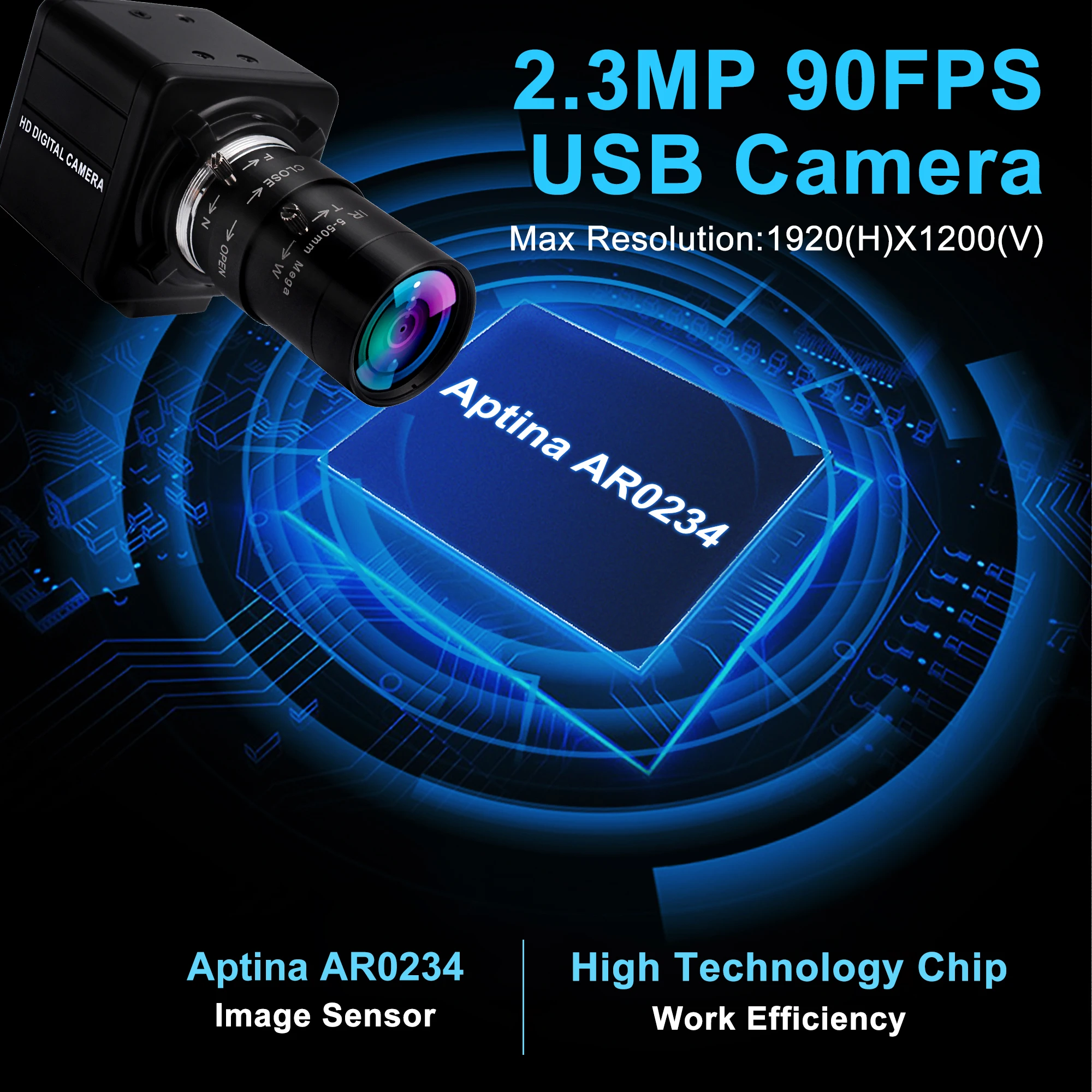 ELP 2MP 1200P 1080P High Speed 90FPS AR0234 Global Shutter Mini USB Camera with 5-50mm 10X Zoom Lens for Golf Sporting Recording