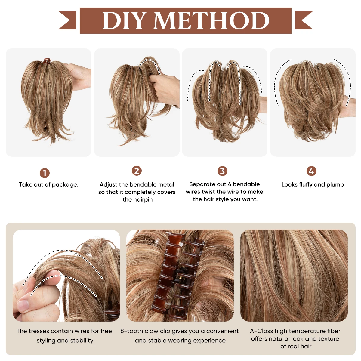 Synthetic Claw Clip In Ponytail Hair Extensions Diy Hairpiece Hair Bun Fake Blonde Hair False Pigtail for Women