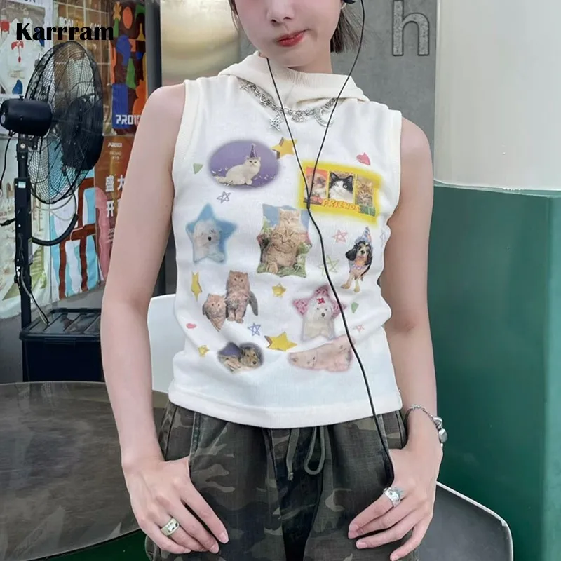 Karrram Y2k Aesthetics Tank Tops Japanese Haruku 2025 Cute Top 2000s Kawaii new Cat Print Tanktop Fairycore Ribbed Hooded Tops E-girl