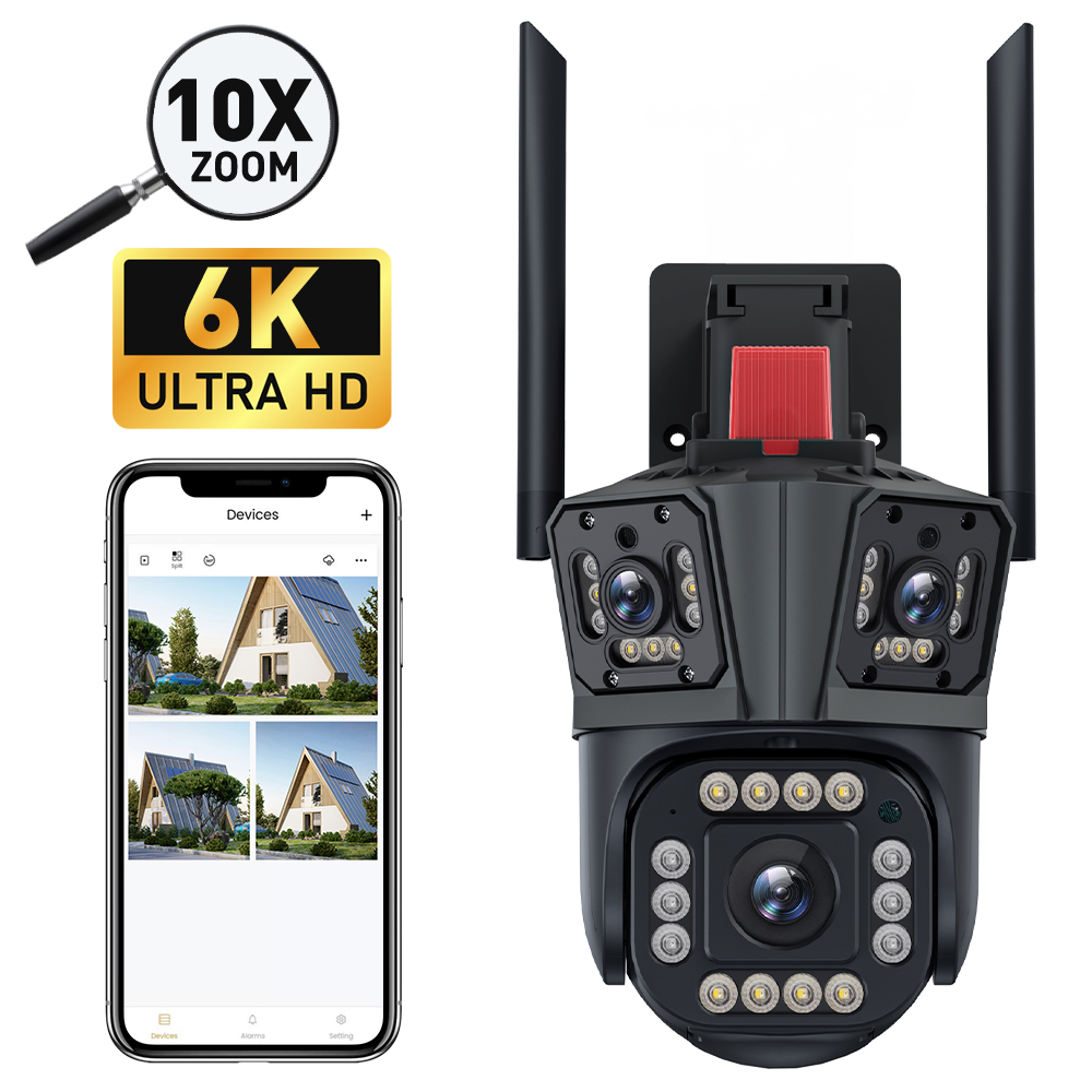 Camcamp 5K Smart Wifi IP Camera PTZ Outdoor Three Lens Screen Preview 10X Zoom 6K CCTV Video Surveillance Camera 360° Protection