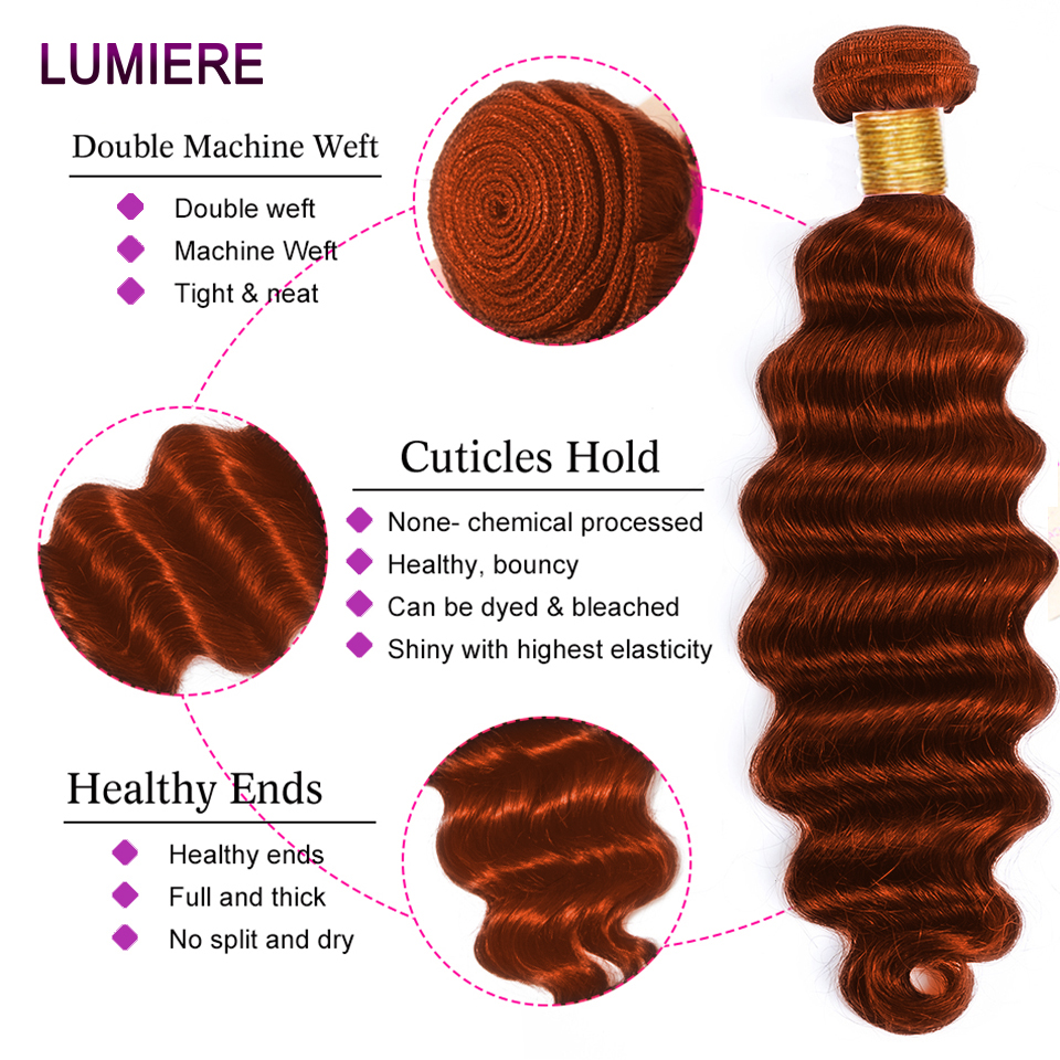 30 32" Ginger Orange Loose Deep Wave Bundles With Closure Frontal Brazilian Raw Human Hair Weave 3/4 Bundles Deal Hair Extension 8a3f4