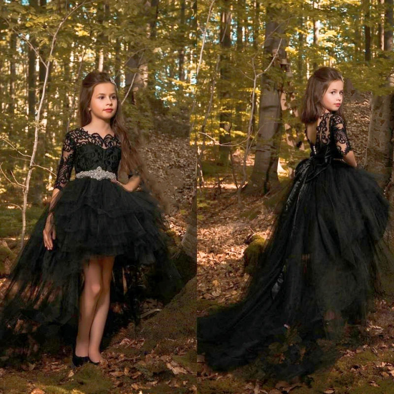 Black Long Sleeve Flower Girl Dresses For Wedding Crystal new Sash Beaded Lace Appliques Pageant Gowns For 2025 Girls Kids Gowns
