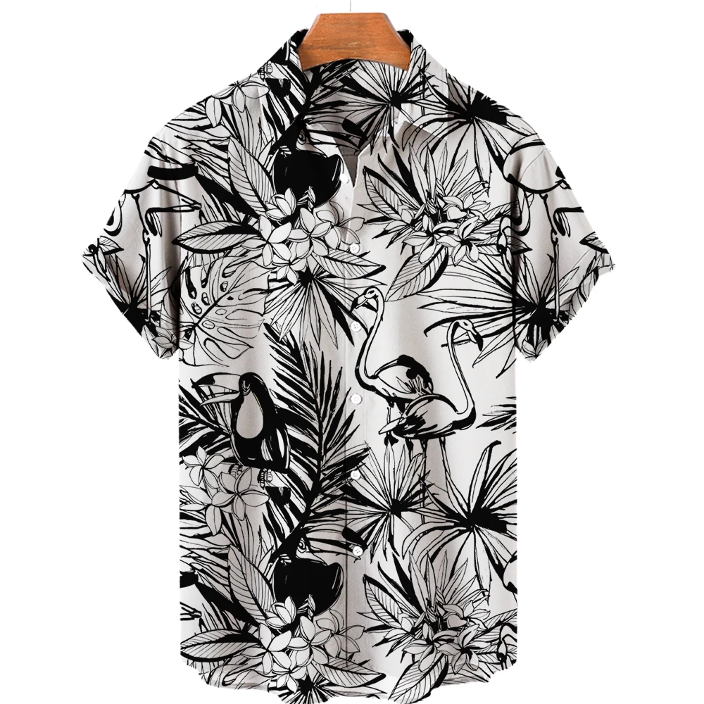 3D flamingo print men's shirt Hawaii loose breathable new 2025 casual short-sleeve beach holiday