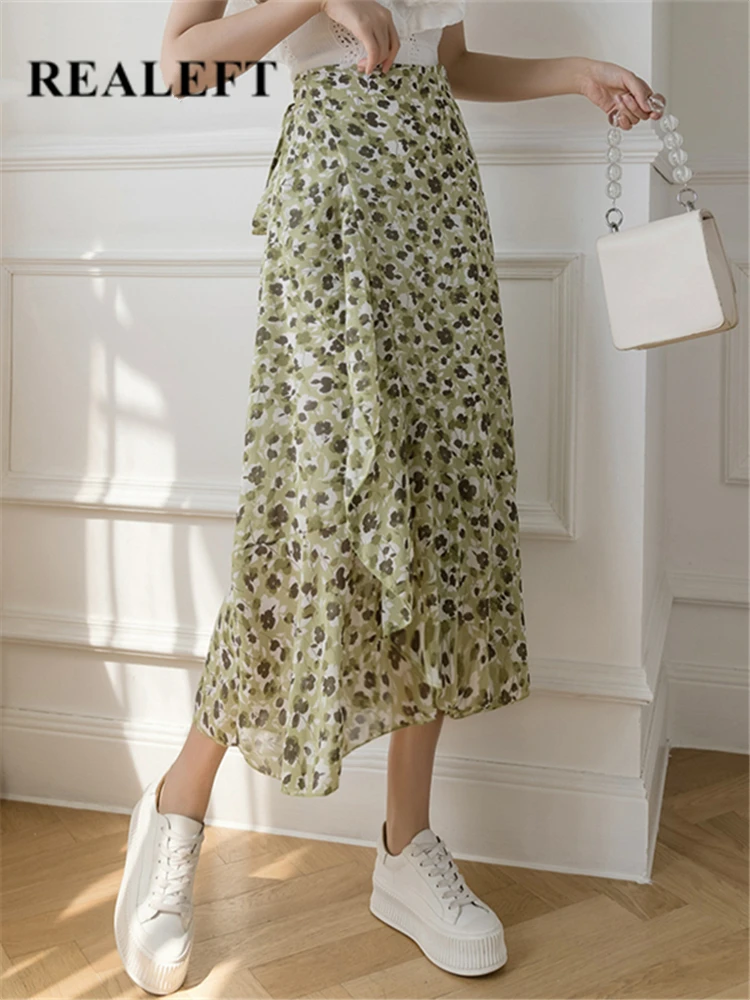 REALEFT New new Summer 2025 Skirts Female Elegant French Style Ruffled Fishtail A-line High Waist Adjustable One-piece Floral Skirt
