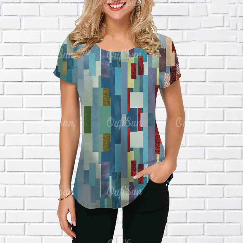 Vintage Women T-Shirt Short Sleeve Top new 6xl Colorblock Graphic Clothing O-Neck Oversized Apparel Daily Tops For Women 2025 Tees Shirt