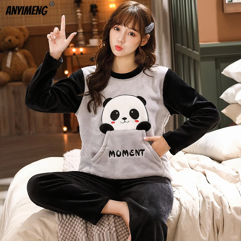 New Winter Flannel Pamas for Young Girls High Quality Veet Round Neck new with Pocket Pama 2025 for Women Casual Woman Clothing
