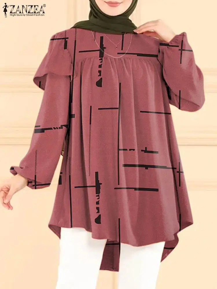 ZANZEA Muslim Printed Shirt Women Vintage Floral 2025 Tops Bohemian new Ruffles Loose Blouse Long Puff Sleeve Ramadan Hijab Blusas Abaya
