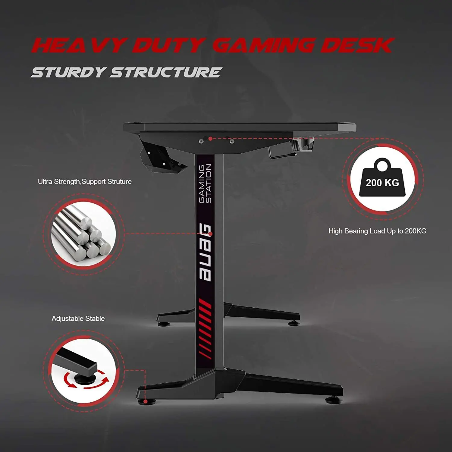 AuAg Gaming Table 140 cm, Large Gaming Desk for PC Ergonomic Gamer Table, Black Computer Desk with Cup Holder and Headphone Jack