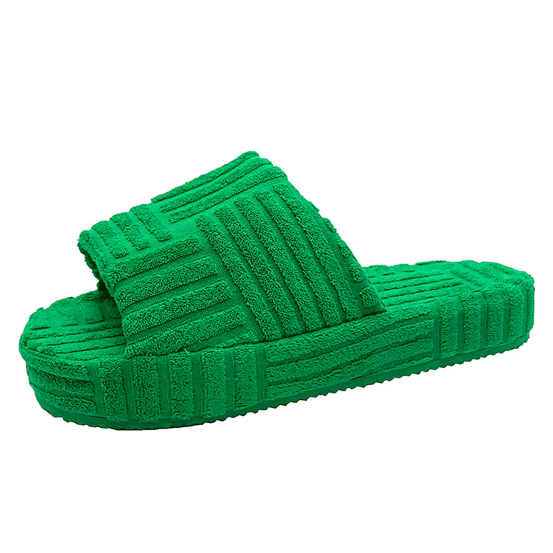 Luxury Brand Peep Toe Thick Sole Women Slippers Green Corduroy Flat Outwear Ladies Slides Summer Autumn Runway Flip Flops Women