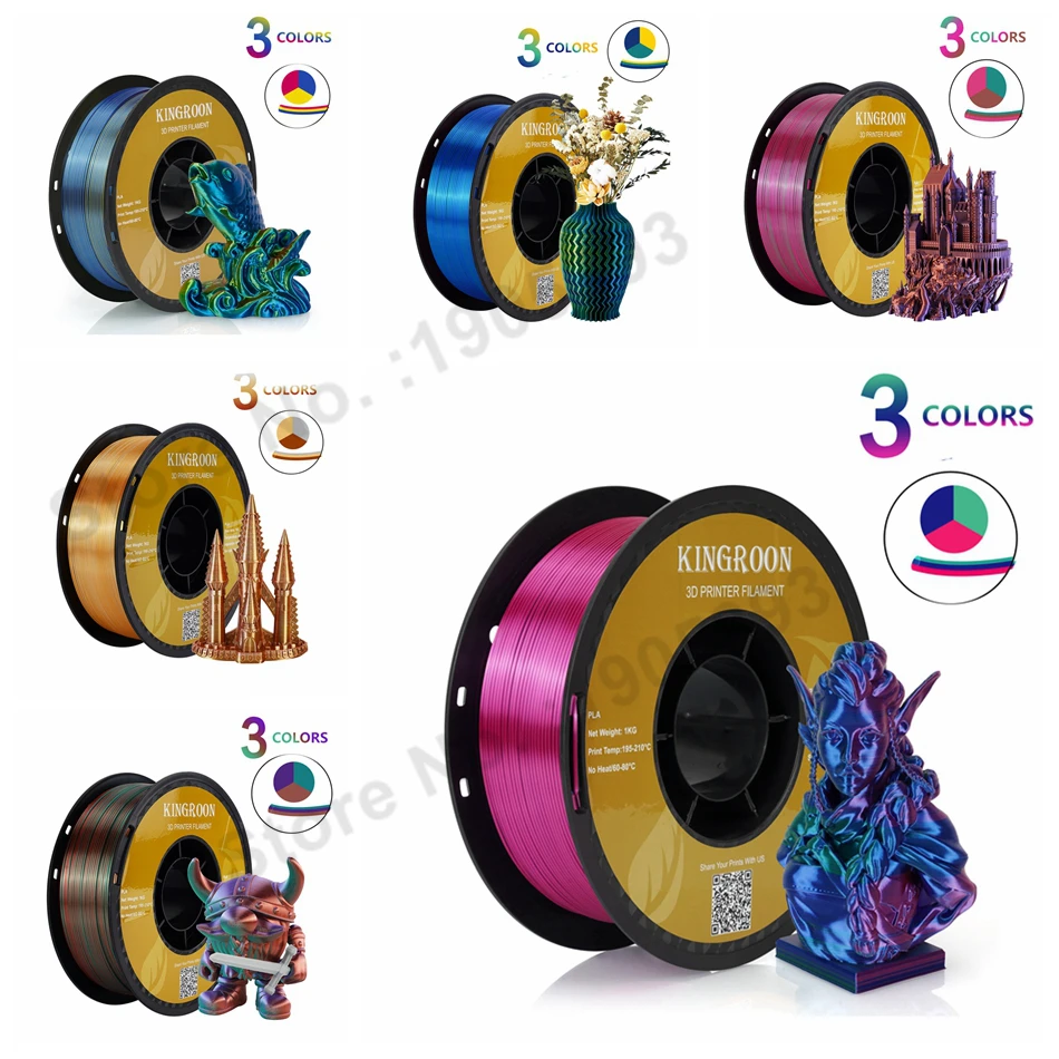 KINGROON Tricolor Silk PLA Plastic For 3D Printer , 3 in 1 Multi-color 3D Printing Filament PLA 1.75mm 1KG Newest