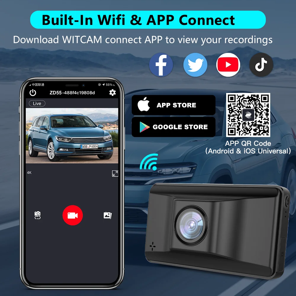 4K Wifi Touch Screen Dual Dash Cam External GPS Car DVR Front and Rear Dash Camera Video Recorder BLACK BOX 2.5F Super Capacitor